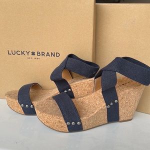 Lucky Brand Maxyne Cork Wedge Sandals Linen Navy Blue Size 7.5 New w/Box